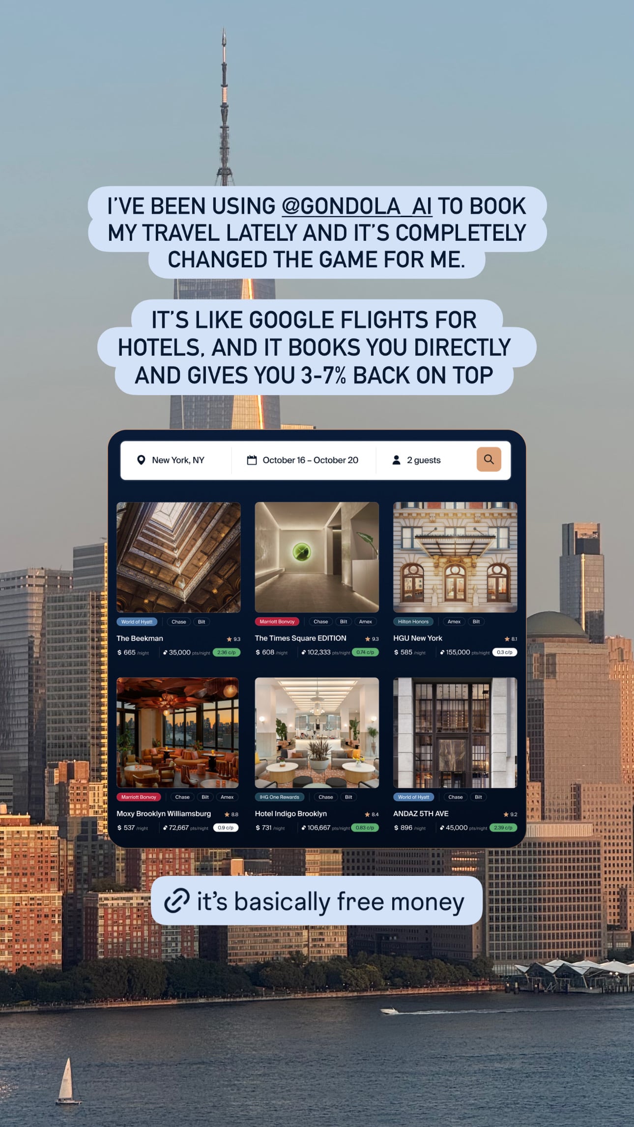 Traveler post: I've been using Gondola to book my travel lately and it's completely changed the game for me — it's like Google Flights for hotels.