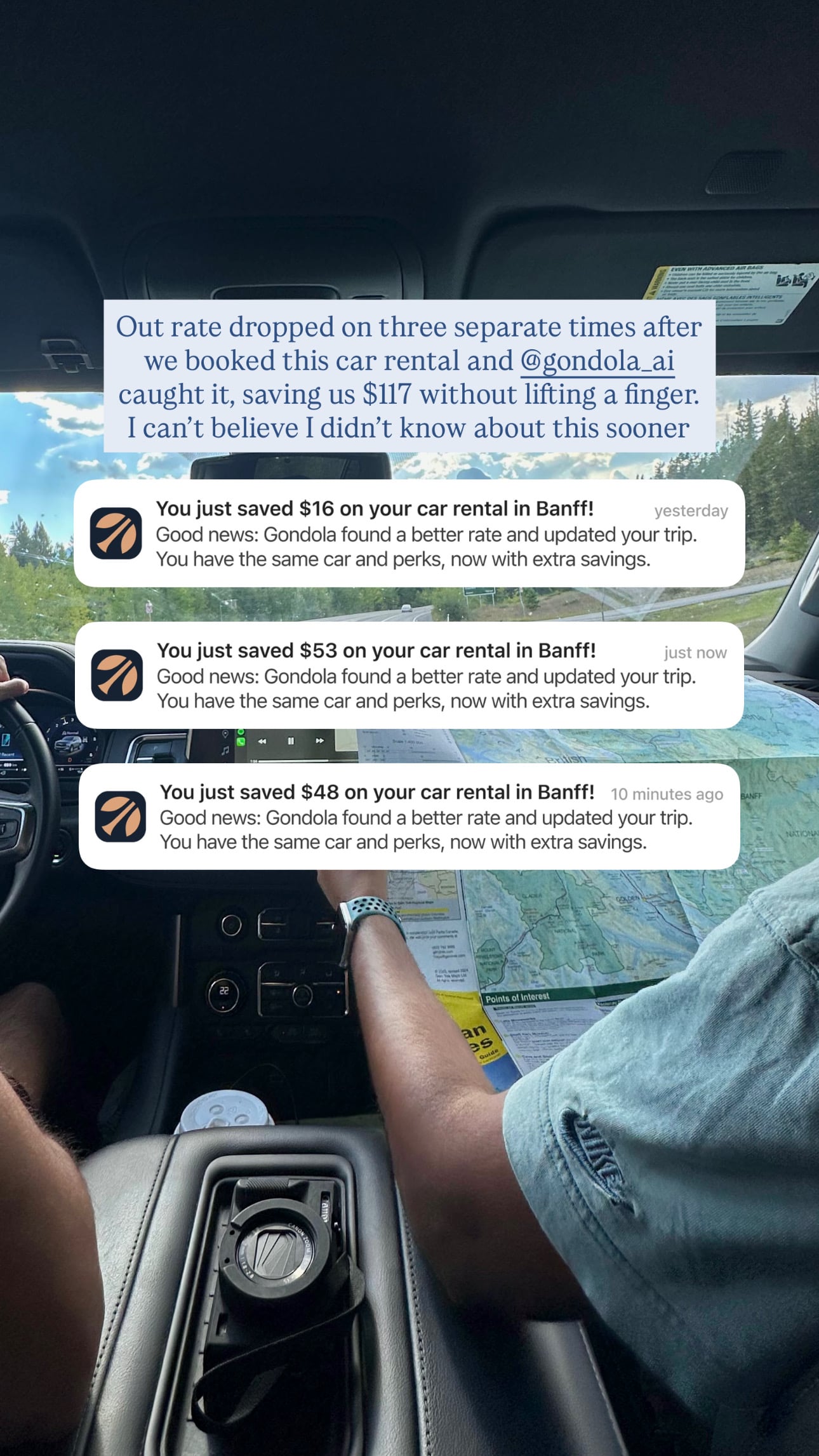 Traveler post: our rate dropped three separate times after we booked this car rental and Gondola caught it, saving us $117.