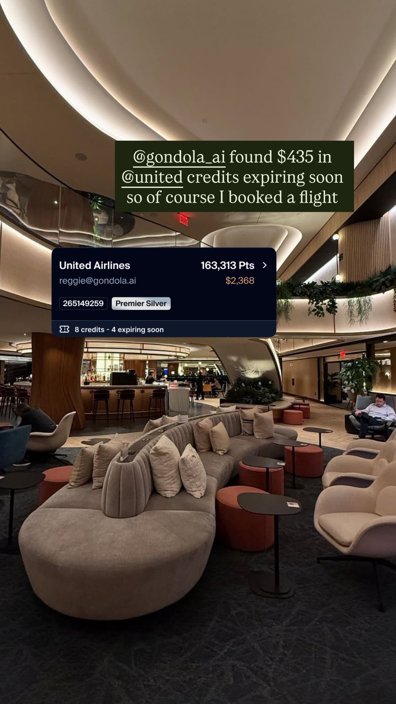 Traveler post: Gondola found $435 in United credits expiring soon, so of course I booked a flight.