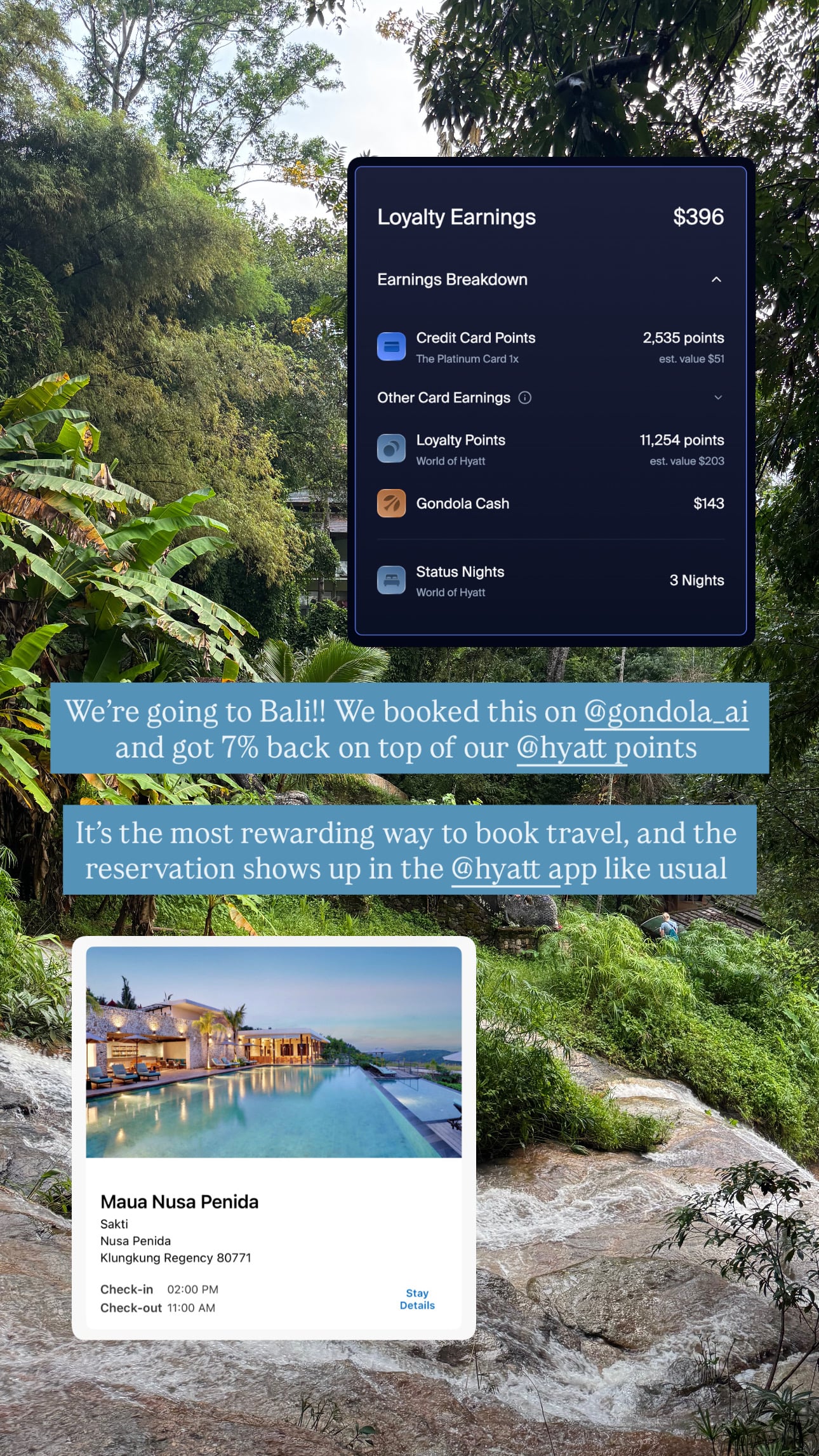 Traveler post: we're going to Bali! We booked this on Gondola and got 7% back on top of our Hyatt points.