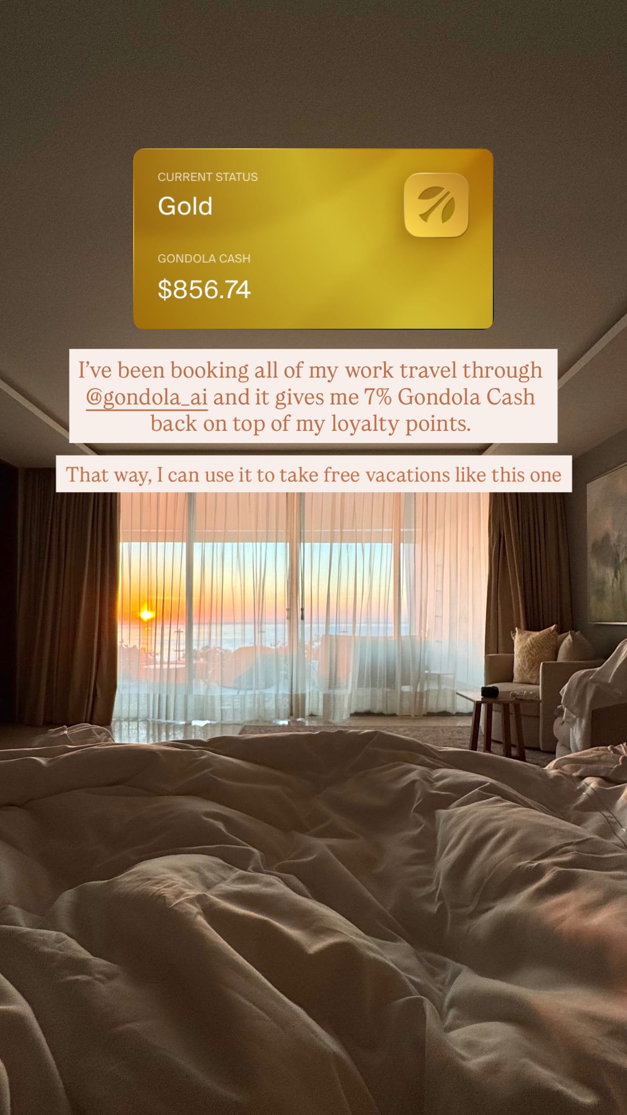 Traveler post: I've been booking all of my work travel through Gondola and it gives me 7% Gondola Cash back on top of my loyalty points.