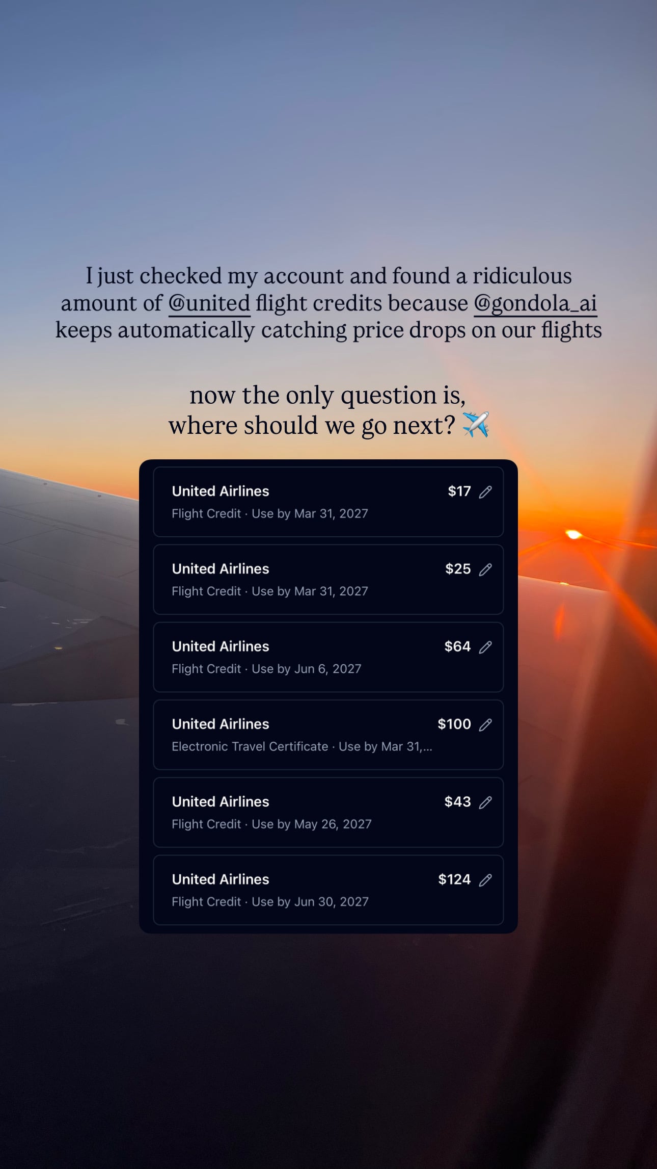 Traveler post: I just checked my account and found a ridiculous amount of United flight credits because Gondola keeps automatically catching price drops.
