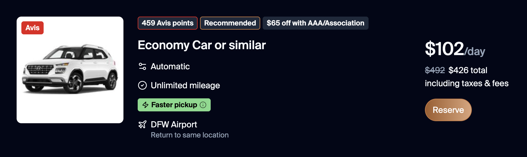 Rental card showing an Avis economy car at DFW Airport with 459 Avis points, a "faster pickup" badge, $65 off with AAA, and $102/day pricing.